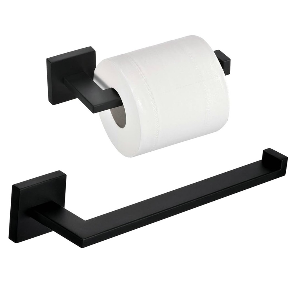 Matte Black Bathroom Toilet Paper Holder + Hand Towel Holder, Wall Mounted.